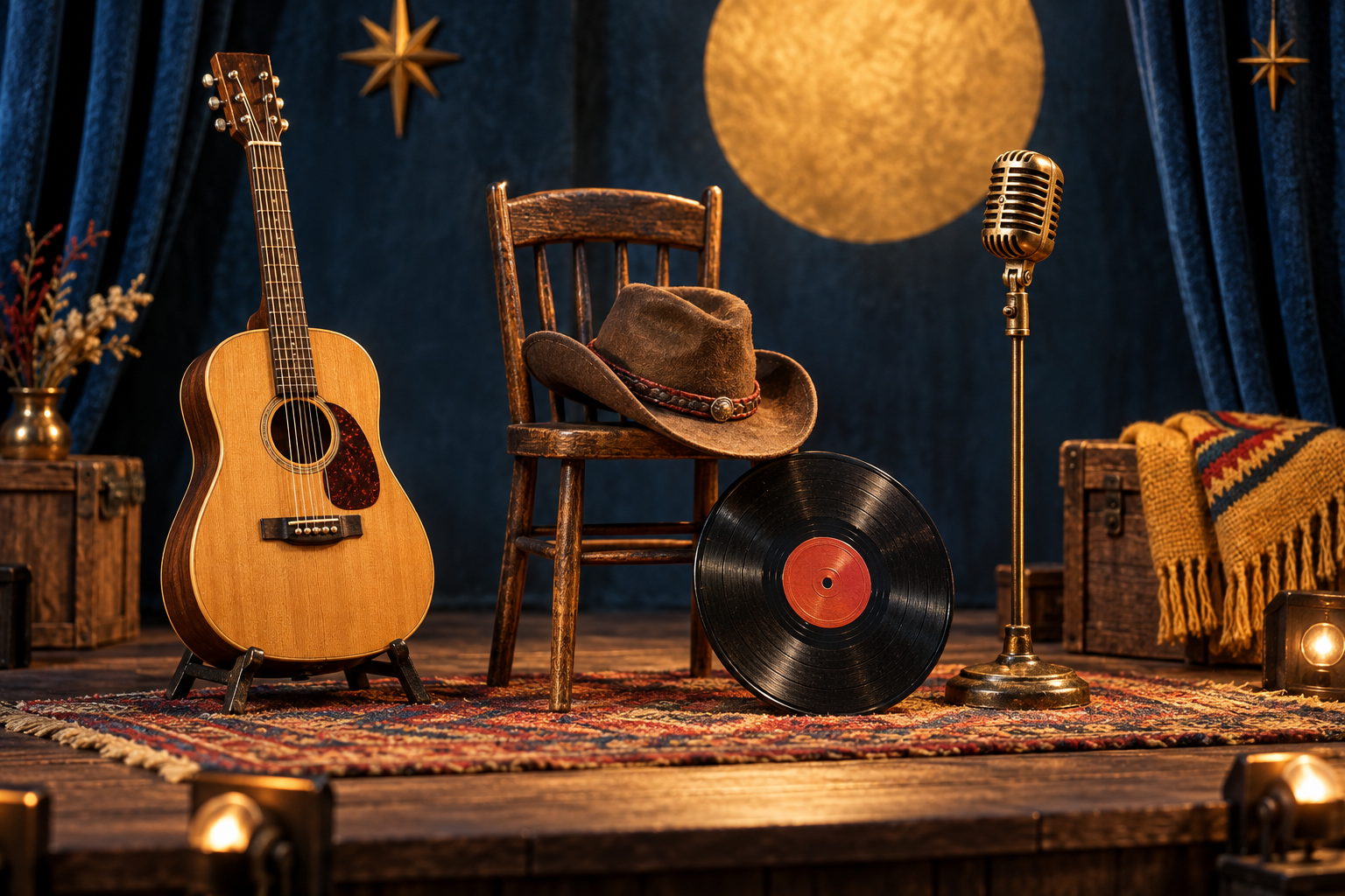 An acoustic guitar, vinyl record, cowboy hat, and microphone arranged on a tiny warmly lit stage.